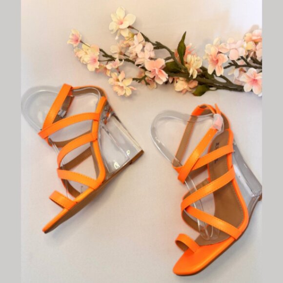 Vibrant Orange Clear Heeled Wedge Sandals, Size 9 - Picture 6 of 10
